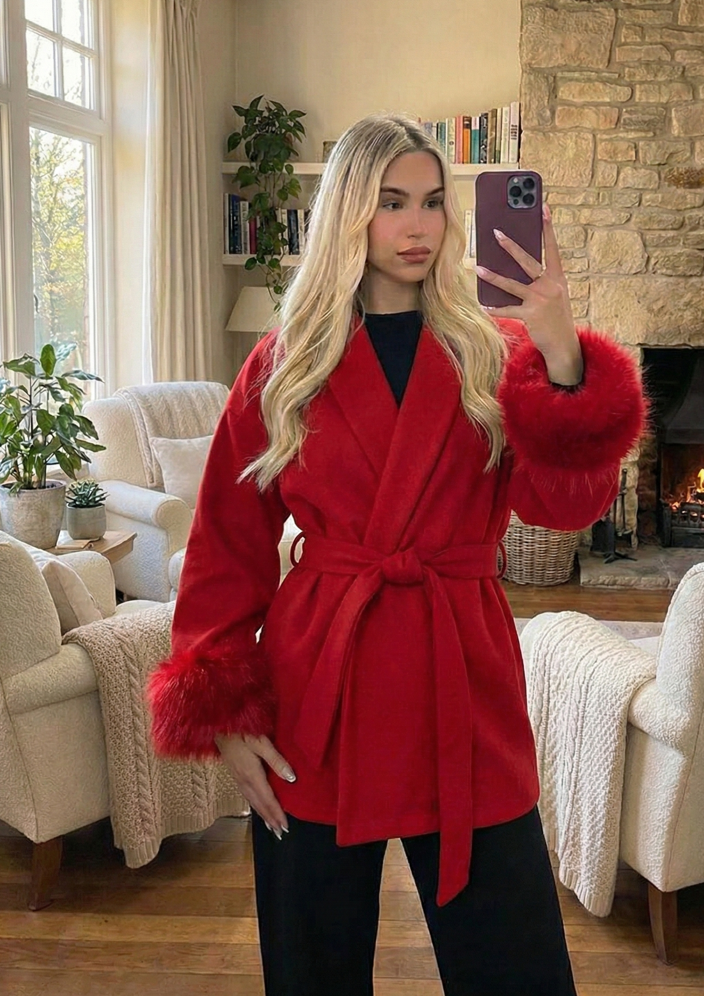 Manteau court en laine pour femme – Automne/Hiver , col V et poignets duveteux