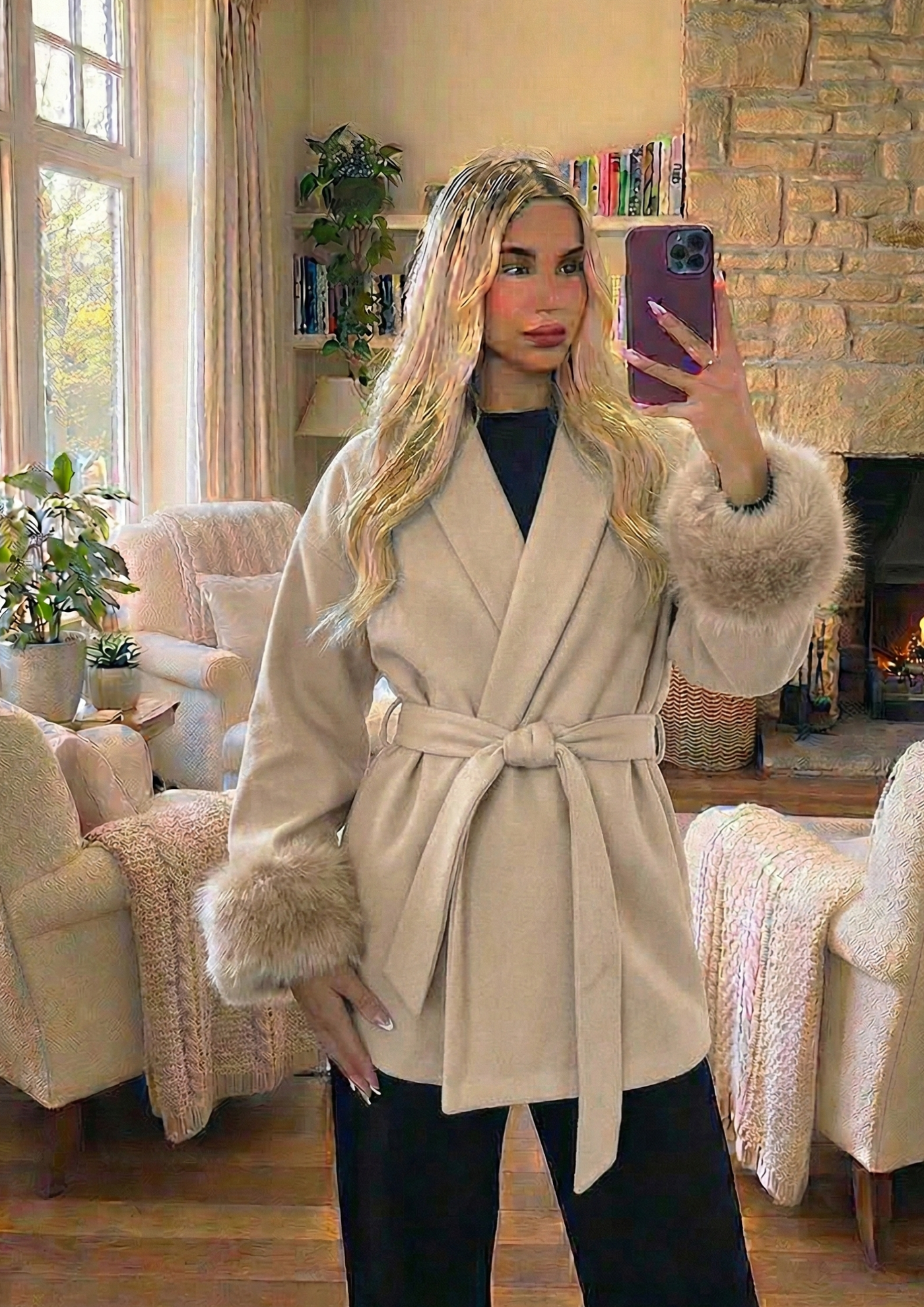 Manteau court en laine pour femme – Automne/Hiver , col V et poignets duveteux